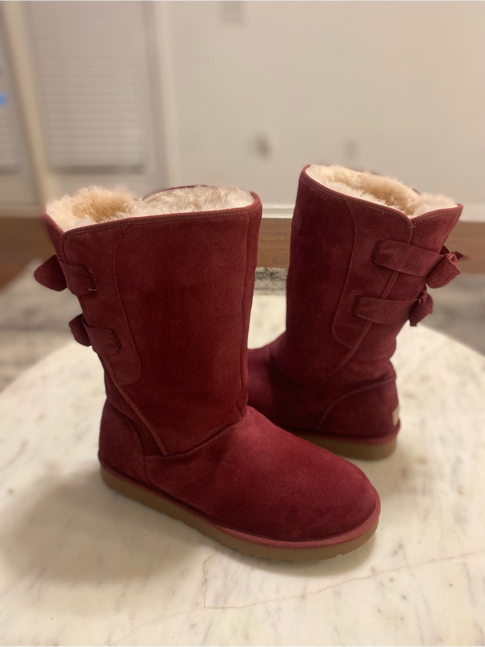 UGG Girls Burgundy Suede Bow Back Shearling Boots